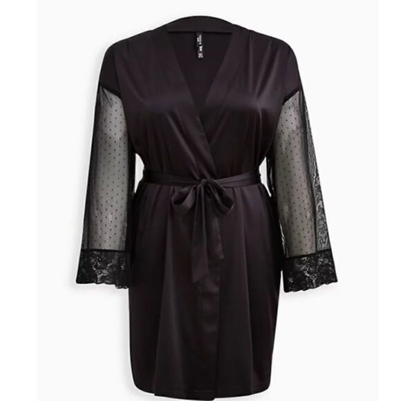 Lace Trim Sleep Robe - Dream Satin Black - Picture 5 of 5